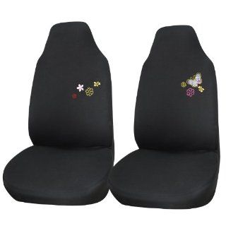 Adeco CV0234 2 Piece Car Vehicle Front Seat Cover Set   Universal Fit,Black Color with Butterfly & Flower Embroidery, Interior Decoration: Automotive