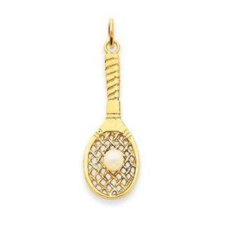 14k Gold Tennis Racquet with Cultured Pearl Charm Jewelry