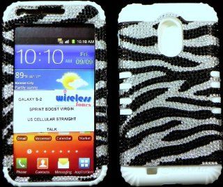 Heavy duty double impact hybrid Cover case Black and Silver Zebra Bling hard snap on over white soft silicone with Touch Pen, Zebra Earpiece, Winder and multi fiber cleaning cloth for SAMSUNG S2 Galaxy EPIC 4G TOUCH D710 R760 for SPRINT/BOOST MOBILE/VIRGIN