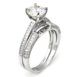 Sterling Silver Cubic Zirconia 2.4 Carat tw Round Cut CZ Pave Wedding Engagement Ring Set, Nickel Free Jewelry