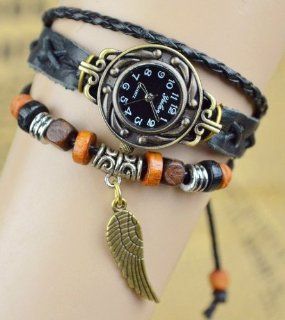 Black Dial Women Ladies Wing Pendant Black Color Weave Leather Belt Bracelet Watch Watches