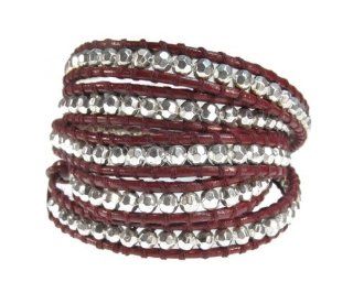 Sienna Brick Red Leather Silvertone Bead 5x Extra Long Wrap Bracelet: Wrap Bracelets: Jewelry