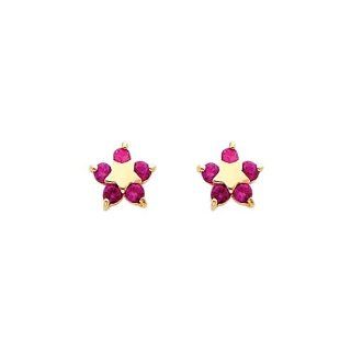 14K Yellow Gold Star Red CZ Stud Earrings for Baby and Children Jewelry