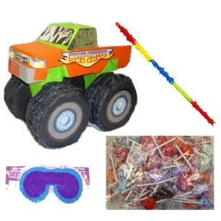 Green Monster Truck Pinata Party Pack/Kit Including Pinata, Lollipop Candy Pinata Filler Mix 2lb , Buster Stick and Blindfold Toys & Games