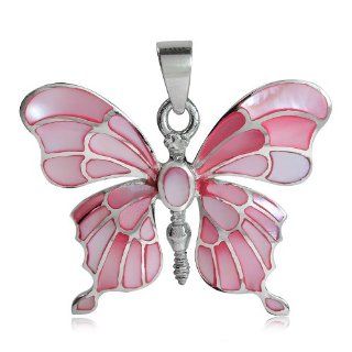 Pink Mother of Pearl Inlay 925 Sterling Silver Butterfly Pendant: Jewelry