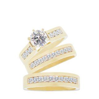 14k Yellow Gold, Trio Three Piece Wedding Ring Set with Lab Created Gems: Wedding Rings For Him And Her Yellow Gold: Jewelry