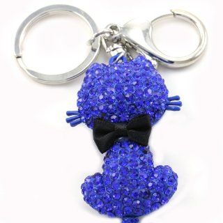 Dark Blue Cat Kitty Kitten Keychain Key Ring Charm Black Ribbon Animal Lover Rhinestone Fashion Jewelry: Jewelry