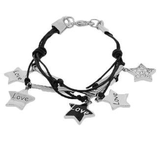 Silver White Gold Tone Black Chrome Love Hearts Stars Charms White Crystals CZ Womens Bracelet: Bangle Bracelets: Jewelry