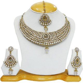 Wedding Wear Gold Tone CZ Pearl Necklace Set Indian Bridal Saree Party Wear Jewelry: Jewelry