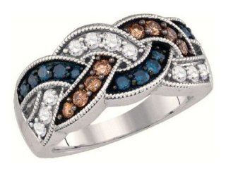 0.95 cttw 10k White Gold Blue Diamond Chocolate Brown Diamond Twisted Wedding Band Anniversary Ring (Real Diamonds 0.95 cttw, Ring Sizes 4 10) Blue And Chocolate Diamond Ring Jewelry