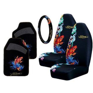 Ed Hardy Koi Fish 6 pc Set Seat Covers, Floor Mats, Steering Wheel Cover, Cling Blings Decal: Automotive