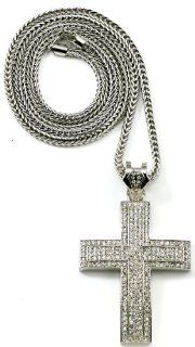 Cross Pendant Necklace Iced Out Silver Metal Color 36 Inch Franco Style Chain 803 Jewelry