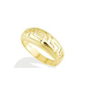 Solid 14k Yellow Gold Domed Greek Key Women's Band Ring: Jewelry
