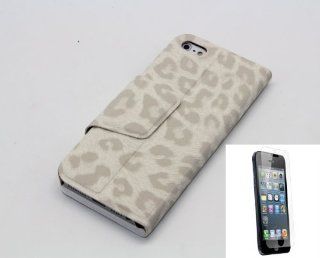 White   iPhone 5 Premium Quality Leopard PU Leather Magnetic Flip Wallet / Purse Stand Case For Apple iPhone 5 (WITH: Clear Front Screen Protector): Everything Else