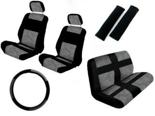 A Set of 11 Piece Universal Fit Perforated Leatherette Racing Sport Seat Covers for Low Back Bucket Seat and Standard Bench Seat   Gray: Automotive