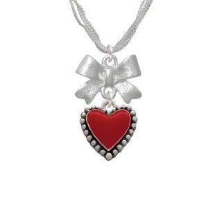 Red Enamel Heart with Beaded Border Emma Bow Necklace [Jewelry]: Pendant Necklaces: Jewelry