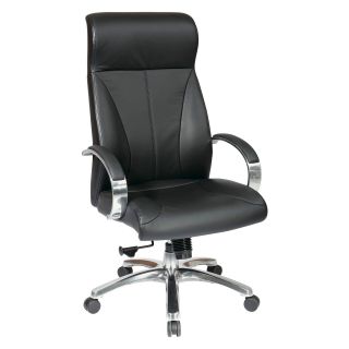 Office Star Deluxe High Back Executive Leather Chair with Polished Aluminum Finish Base and Padded Polished Aluminum Arms   Black   Desk Chairs