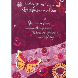 Ladies Purple & Pink "Birthday Wishes For You Daughter in Law"Birthday Greetings Card   With Pink Glitter Embossed Butterfly's & Flowers  Birthday Cards From Daughter In Law 