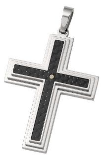 .03Ct Dia Bezel Crs Bale No Ch Stainless Steel_14Ky;Pendant; .03 Ct Tw Diamond Cross Pendant With Black Carbon Fiber CleverEve Jewelry