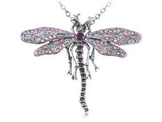Silver Tone Wing Dragonfly Amethyst Purple Crystal Rhinestone Pendant Necklace: Jewelry
