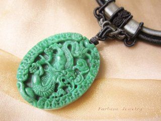 Thousand Fortune Coins Auspicious Dragon Carved Green Jade Amulet (53mm X 43mm X 4 Mm) Necklace, with Royal Black Hand Knotted Silky Cord (46 74 Cm)   Fortune Chinese Zodiac Jade Feng Shui Jewelry: Office Products