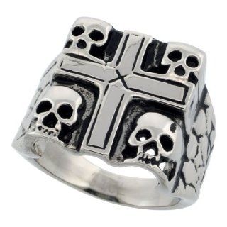 Surgical Steel Biker Ring 4 Skulls in a Cross 3/4 inch long, sizes 9   15: Jewelry