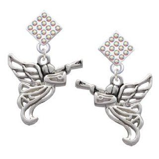 Silver Trumpeter Angel AB Crystal Diamond Shaped Lulu Post Earrings [Jewelry]: Jewelry