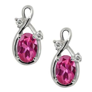 1.08 Ct Oval Pink Tourmaline and White Topaz 18k White Gold Earrings: Stud Earrings: Jewelry