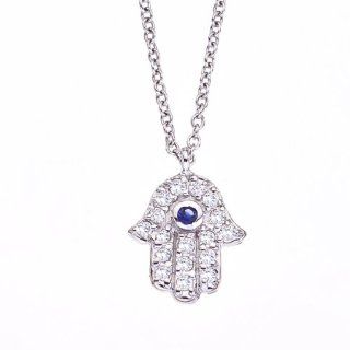 Good luck 14k White gold White diamonds and Blue Sapphire mini HAMSA HAND OF GOD pendant necklace: Jewelry