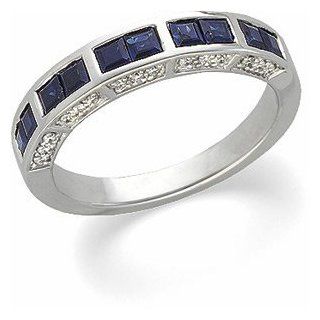 Ann Harrington Jewelry 14k White Gold Genuine Blue Sapphire And 1/6 Ct Tw Diamond Anniversary Band: Jewelry