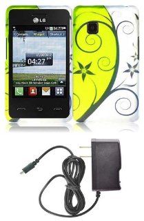 LG 840G   Accessory Combo Kit   Lily Flower Vines on Yellowish Neon Green Design Shield Case + Atom LED Keychain Light + Micro USB Wall Charger Cell Phones & Accessories