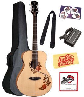 Luna Oracle Series Rose Folk Acoustic Electric Guitar Bundle with Gig Bag, Strap, Tuner, Strings, Pick Card, and Polishing Cloth: Musical Instruments