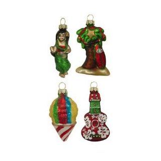 Hawaiian Christmas Ukulele, Hula Girl, Palm Tree, Shave Ice Mini Glass Ornaments   Set of 4   Decorative Hanging Ornaments