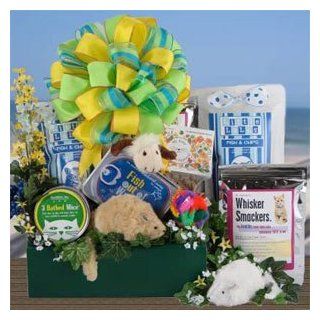 Playful Paws Cat Gift Basket : Basket Theme EASTER : Bow Style Elegant Hand Tied Bow : Edible Pet Treats : Pet Supplies