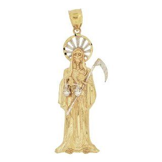 14k Yellow Gold White Rhodium, Death Grim Reaper Santa Muerte Pendant Charm Sparkly Cuts: Jewelry