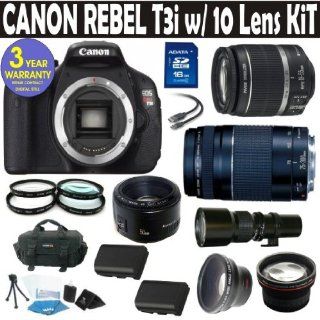 Canon Rebel T3i (EOS 600D/KISS X5) 10 Lens Deluxe Kit with EF S 18 55mm f/3.5 5.6 IS II Zoom Lens & EF 75 300mm f/4 5.6 III Telephoto Zoom Lens + 500 Telephoto Preset Lens + Canon 50mm 1.8 Lens + 16GB Deluxe Accessory Kit + 3 Year Celltime Warranty Cl