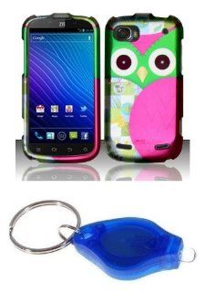 Premium Pink and Green Owl Design Shield Case + Atom LED Keychain Light for ZTE Warp Sequent (Boost Mobile) Cell Phones & Accessories