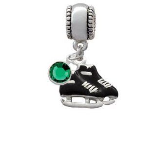 Black Ice Skates Charm Bead with Emerald Crystal Dangle: Jewelry
