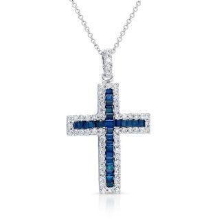 14k White Gold 0.48 Ctw Blue Sapphire Diamonds Cross Pendant Necklaces Jewelry