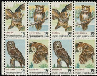 AMERICAN OWLS ~ BIRDS OF PREY ~ GREAT GREY OWL, SAW WHET OWL, BARRED OWL, GREAT HORNED OWL #1763a Block of 8 x 15 US Postage Stamps: Everything Else