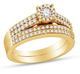14K Yellow Gold Round Brilliant Cut Diamond Bridal Engagement Ring and Matching Wedding Band Two 2 Ring Set   Halo Prong Set Center with Channel Set Side Stones   Classic Traditional Solitaire Shape Center Setting   (2/3 cttw.): Jewelry