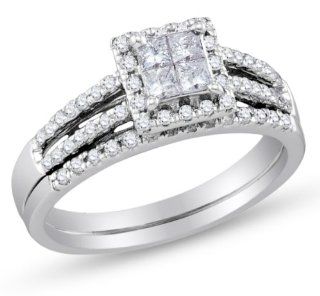 14K White Gold Princess and Round Cut Diamond Bridal Engagement Ring and Matching Wedding Band Two 2 Ring Set   Halo Invisible Set Square Princess Shape Center Setting with Prong Set Side Stones   (.55 cttw.): Jewelry