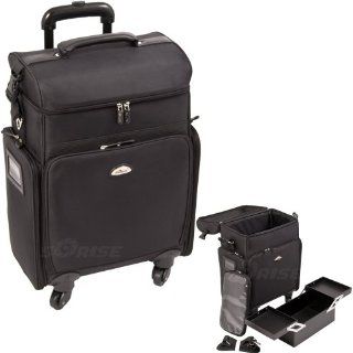 22 inch 360 Degree Rotating 4 Wheel Rolling Professional Black Soft High Quality Nylon Studio Makeup Artist Rolling Wheeled Trolley Makeup Organizer Train Case Cosmetics Organizer w/ Removable Shoulder Straps + IPad / Tablet Holder : Makeup Travel Cases An