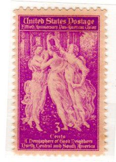 Postage Stamps United States. One Single 3 Cents Light Violet, The Three Graces from Botticelli's Spring, Pan American Union Issue Stamp Dated 1940, Scott #895.: Everything Else