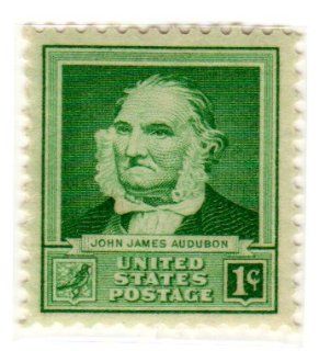 Postage Stamps United States. One Single 1 Cent Bright Blue Green, Famous Americans Issue, Scientists, John James Audubon Stamp, Dated 1940, Scott #874. 