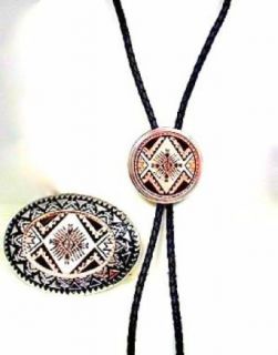 Silver Plated Aztec Diamondcut Copper Bolo Tie / Buckle Set: Belt Buckles: Clothing