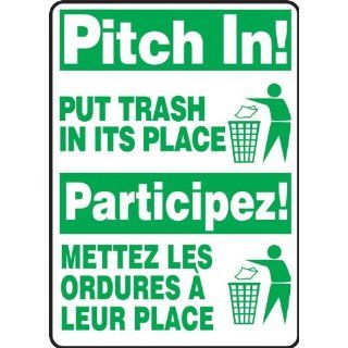 Accuform Signs FBMHSK903VA Aluminum French Bilingual Sign, Legend "PITCH IN! PUT TRASH IN ITS PLACE/PARTICIPEZ! METTEZ LES ORDURES A LEUR PLACE" with Graphic, 10" Width x 14" Length x 0.040" Thickness, Green on White: Industrial Wa