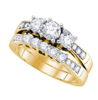 14k Yellow Gold 3 stone Round Natural Diamond Womens Ladies Classic Traditional Wedding Bridal Engagement Ring & Anniversary Band Set   1.25 Ct.t.w.: Engagement Rings For Women: Jewelry