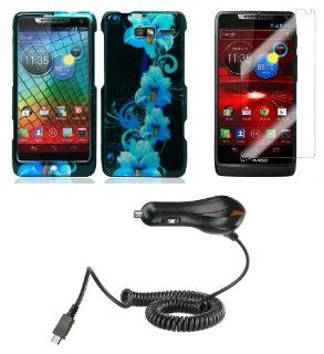 Motorola Droid Razr M XT907 (Verizon) Combo   Blue Hibiscus Flower Design Shield Case + Atom LED Keychain Light + Screen Protector + Micro USB Car Charger: Cell Phones & Accessories