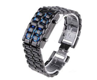 USAMZ909 New Bright Black Jewelry Lava Iron Samurai Metal Volcanic Lava Blue LED Stainless Steel Band Watch: Watches